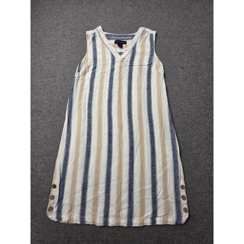 Tahari Shift Dress Womens XS Multi Striped Linen Blend Sleeveless Side Button